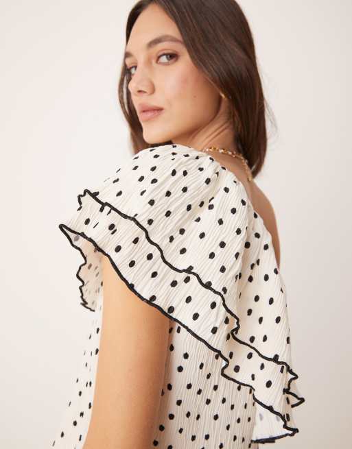 YAS one-shoulder ruffle top in cream and black polka dot (Part of a set), 3 of 4