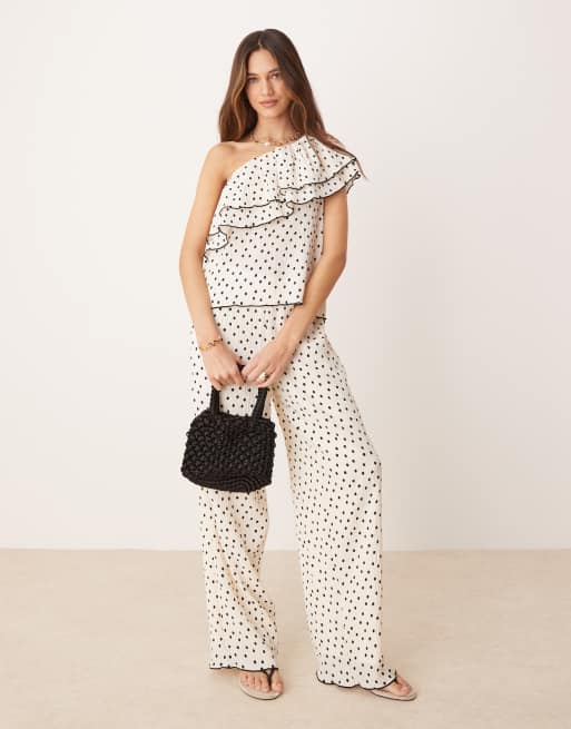 YAS one-shoulder ruffle top in cream and black polka dot (Part of a set), 4 of 4