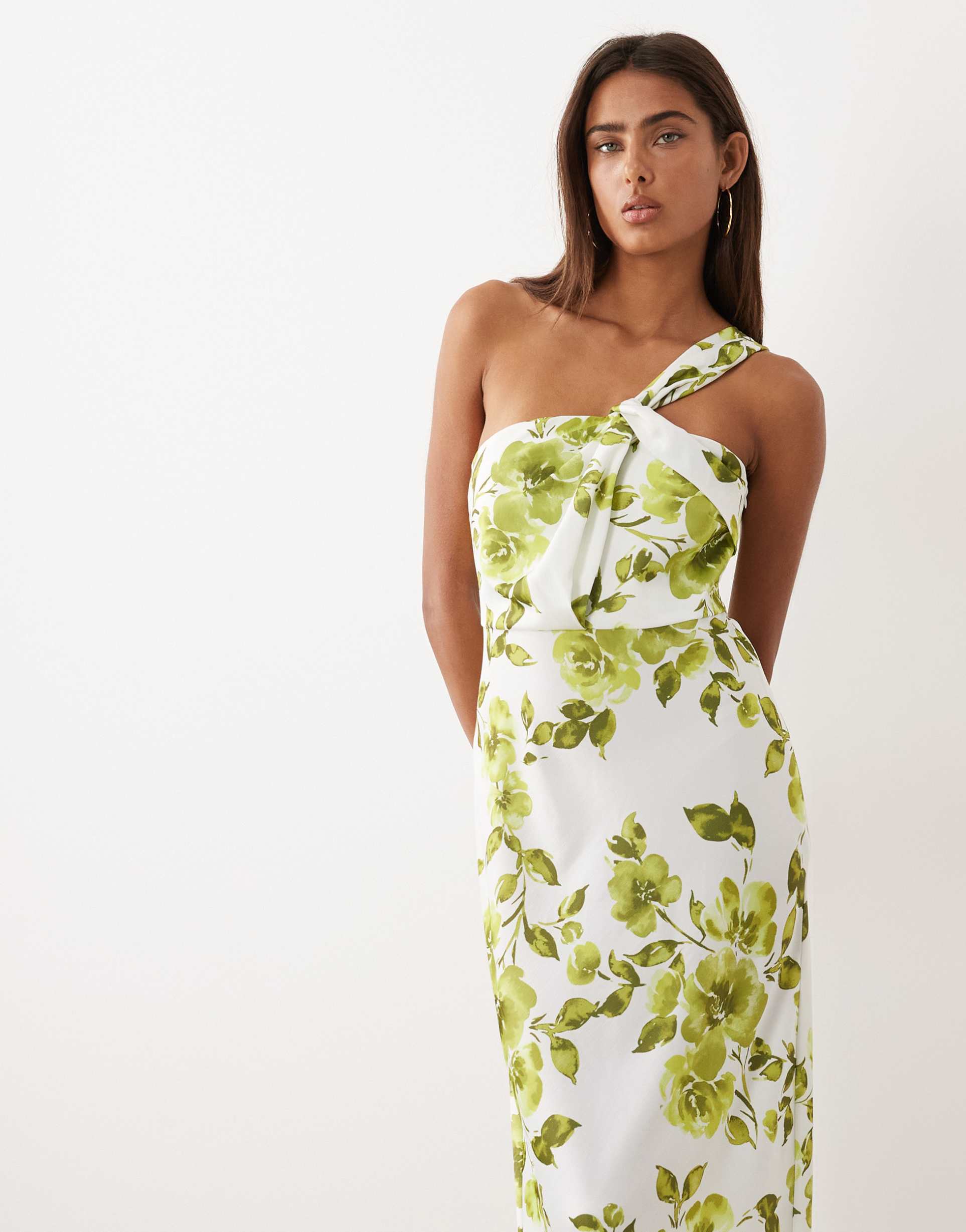yas one-shoulder satin maxi dress in blue and green floral print