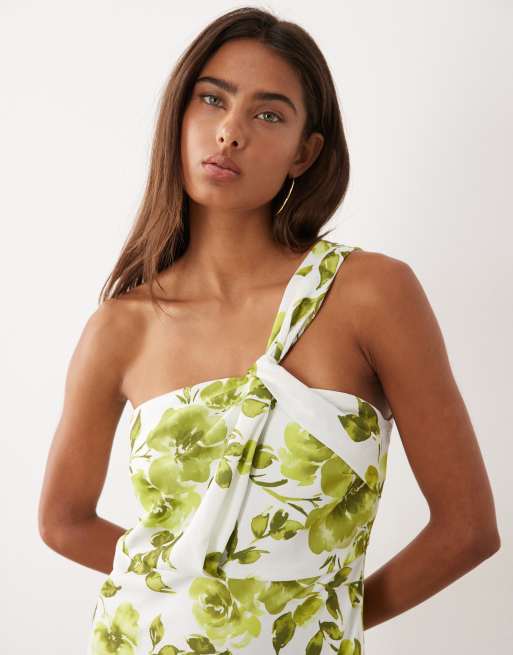 YAS one shoulder satin maxi dress in blue and green floral print, 3 of 4