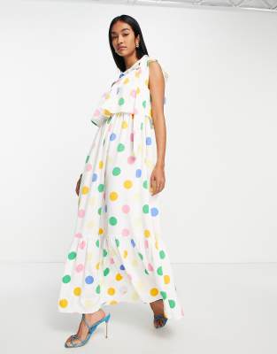 YAS Y.A.S one shoulder tiered maxi dress in confetti polka dot-Multi