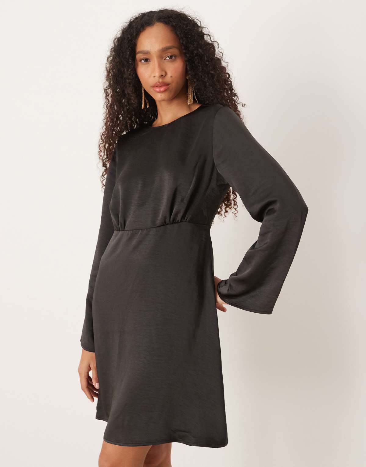 YAS open back satin mini dress in black