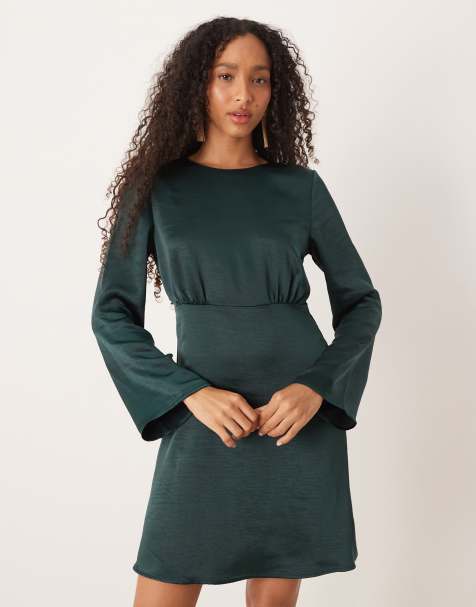 YAS open back satin mini dress in dark green - view 1