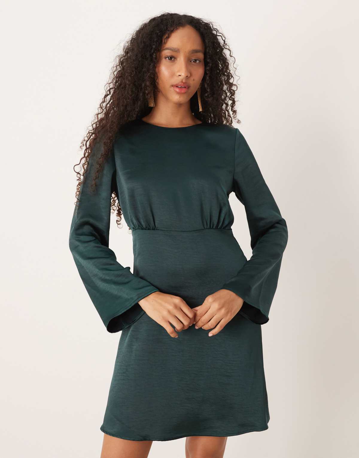 YAS open back satin mini dress in dark green