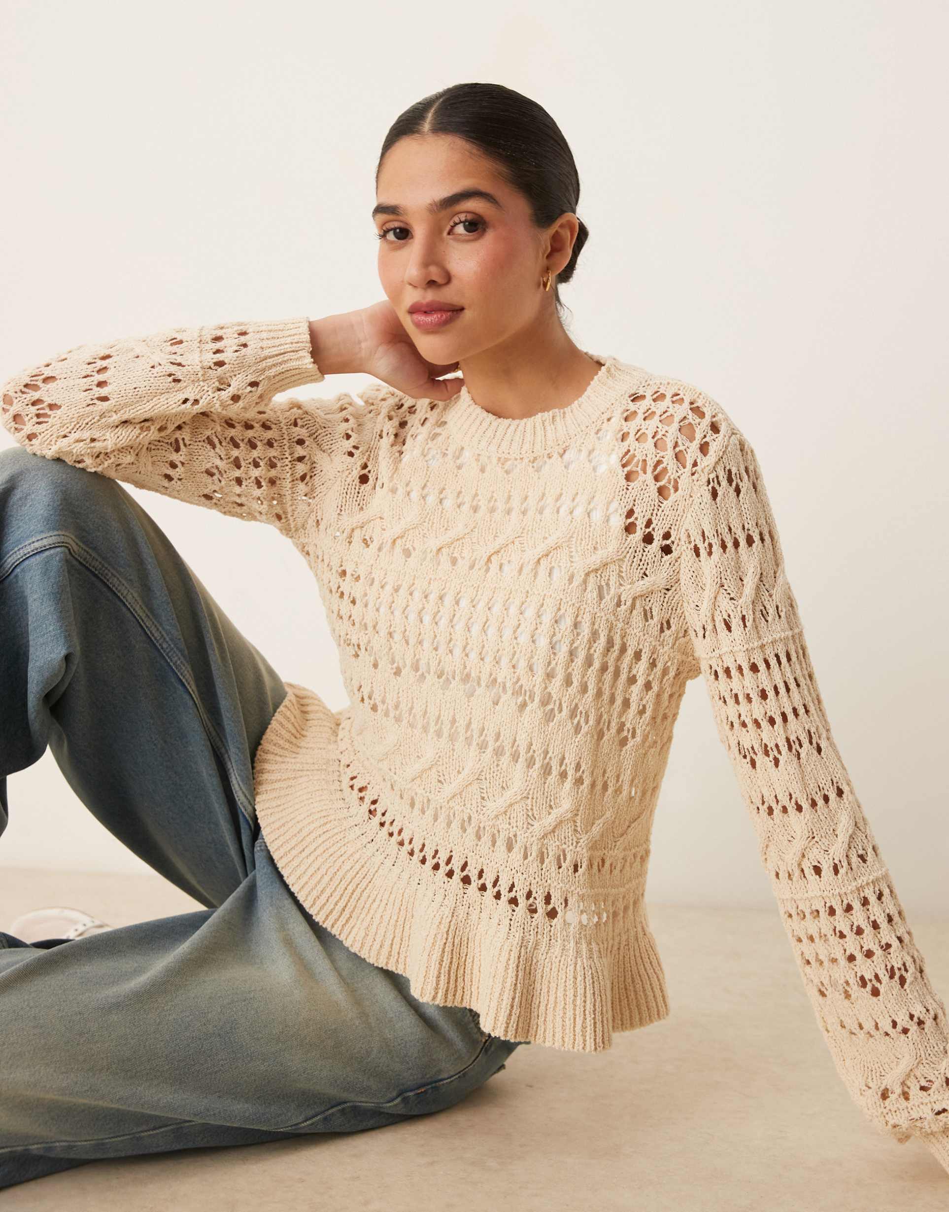 yas open crochet knit sweater with frill hem detail in cream