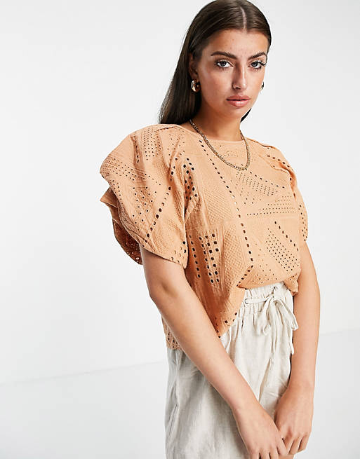 Y.A.S organic cotton broderie frill sleeve top in sand