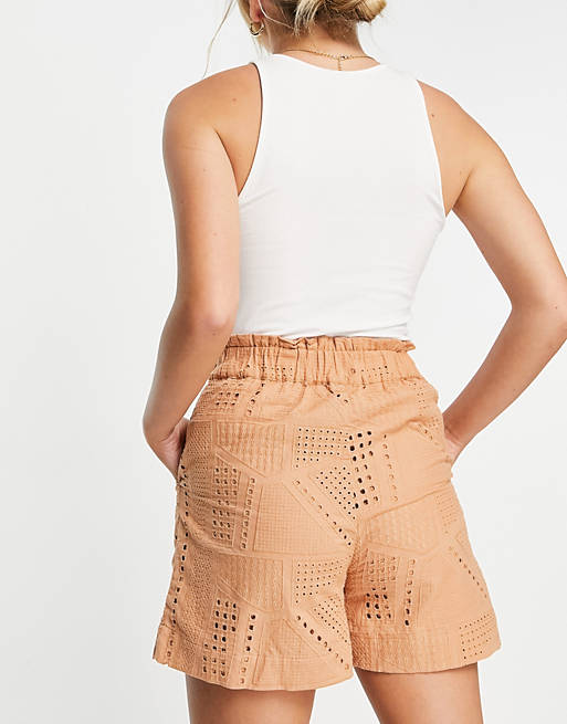  YAS organic cotton broderie shorts co-ord in sand 