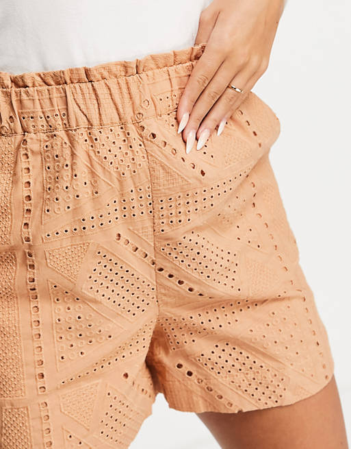  YAS organic cotton broderie shorts co-ord in sand 
