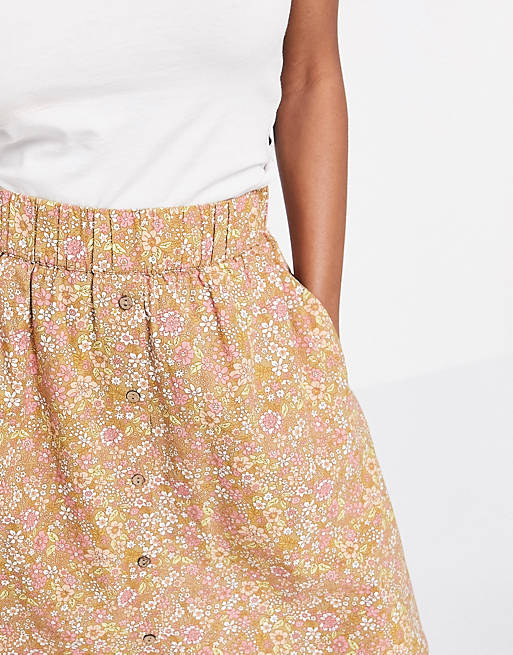  YAS organic cotton button front mini skirt in yellow floral 