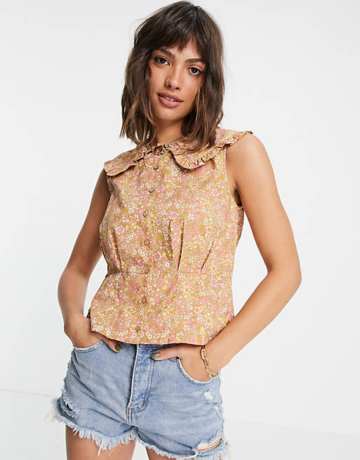 Y.A.S cotton collar detail sleeveless blouse in orange floral - MULTI