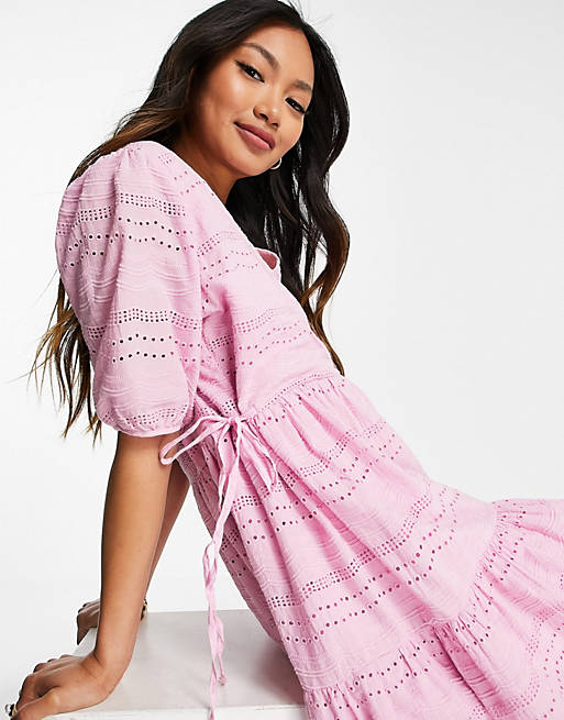 Designer Brands YAS organic cotton cut work v-neck midi dress in pink 