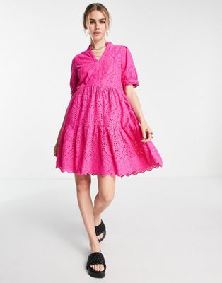 Y.A.S cotton high neck tiered broderie mini dress in bright pink - BPINK