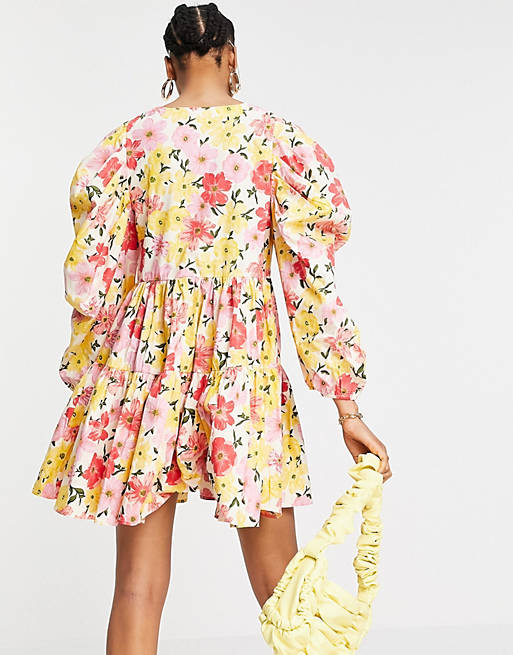 Women YAS organic cotton mini dress with exaggerated sleeves in bright floral 