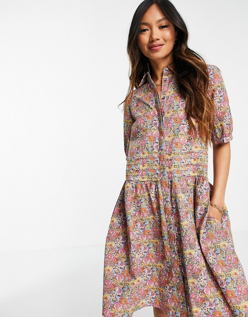 Y.A.S organic cotton mini shirt dress with volume skirt in floral print-Multi
