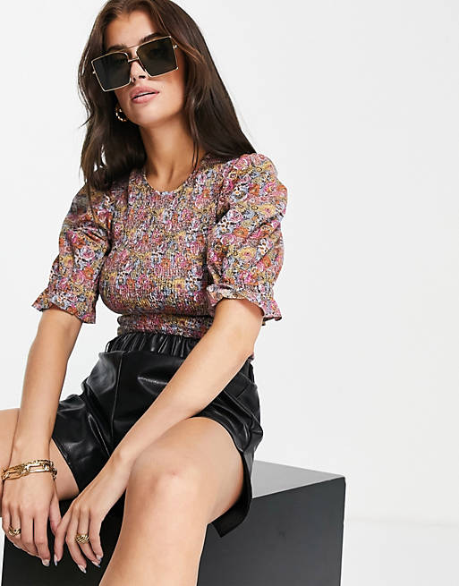 Y.A.S cotton puff sleeve blouse in multi floral - MULTI