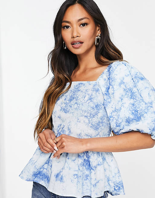 Y.A.S cotton puff sleeve smock top in blue cloud print - MBLUE