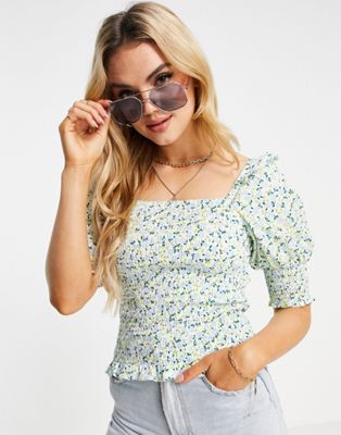 Y.A.S cotton shirred top in floral print - MULTI