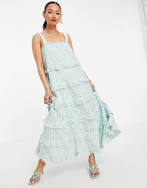 Y.A.S cotton tiered broderie maxi dress in light blue - MGREEN