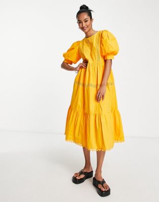 Y.A.S cotton tiered embroidered midi dress in orange - ORANGE