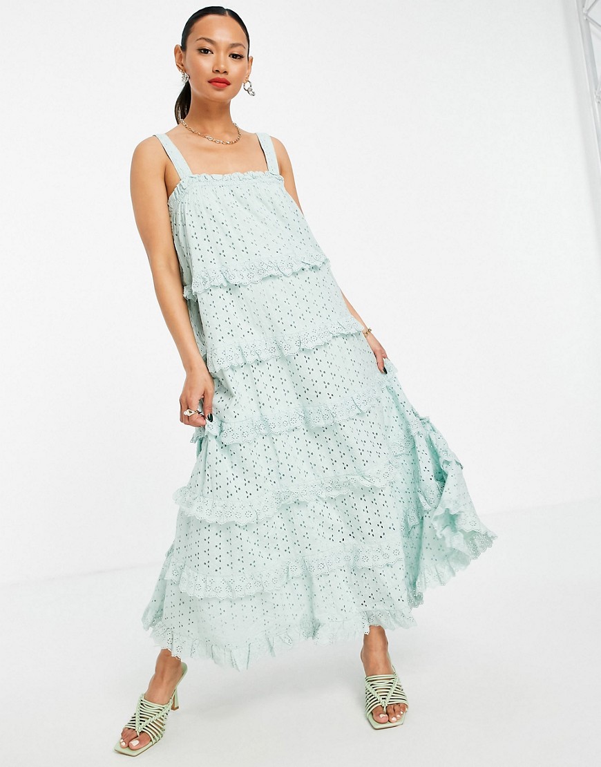 Y.A.S organic cotton tiered eyelet maxi dress in light blue-Green