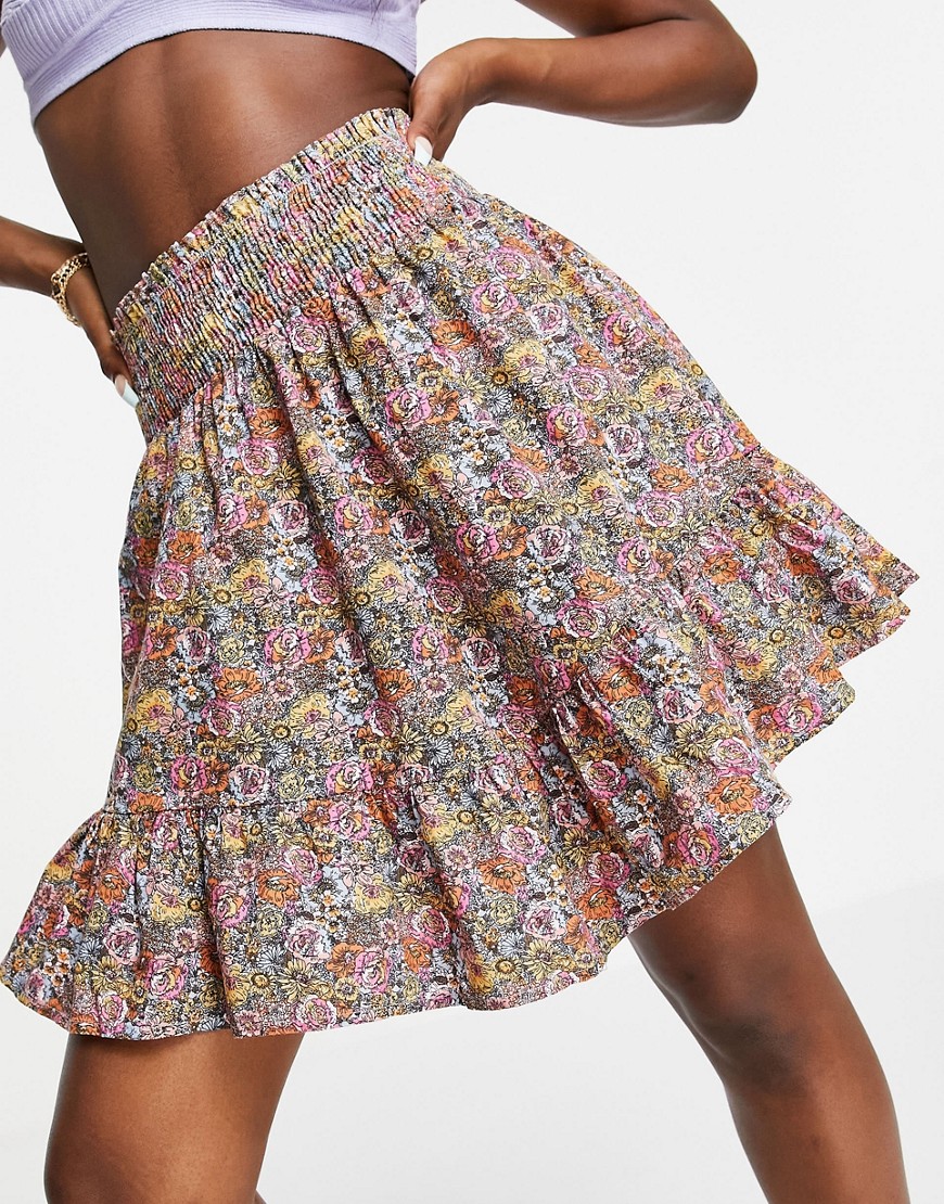 Y.A.S organic cotton tiered shirred detail mini skirt in pink floral-Multi