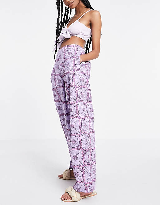 Y.A.S cotton wide leg trouser co-ord in purple tile print - PURPLE