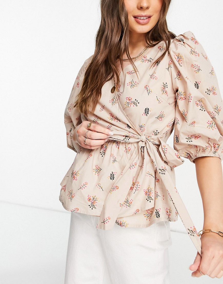 Y.A.S organic cotton wrap top with puff sleeves in floral print-Multi
