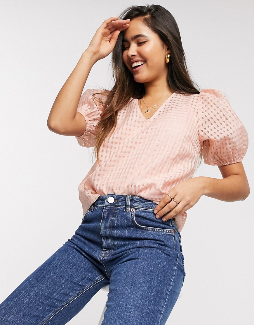 Y.A.S organza blouse with puff sleeves in pink check-Tan