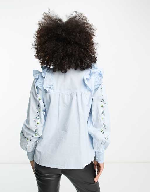 Y.A.S - Overhemd met geborduurd detail en ruches in blauw, 2 van 4