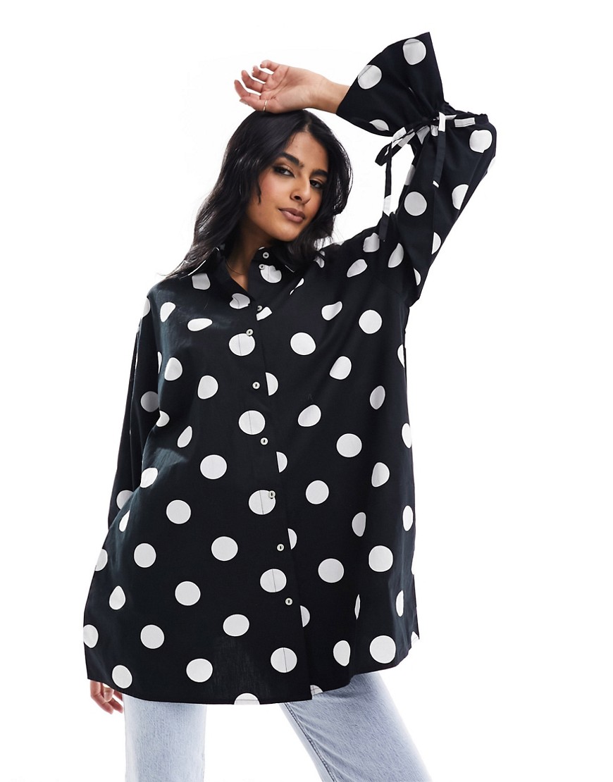 Y. A.S oversize polka dot shirt with cuff ties in mono-Black