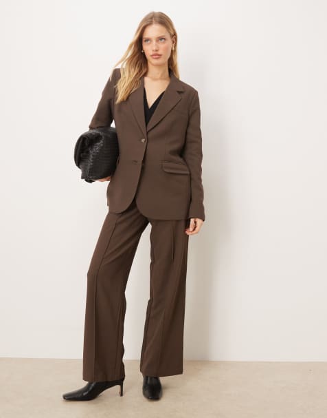YAS oversized blazer and wide leg trouser set with tortoise shell button detail in chocolate brown - view 1