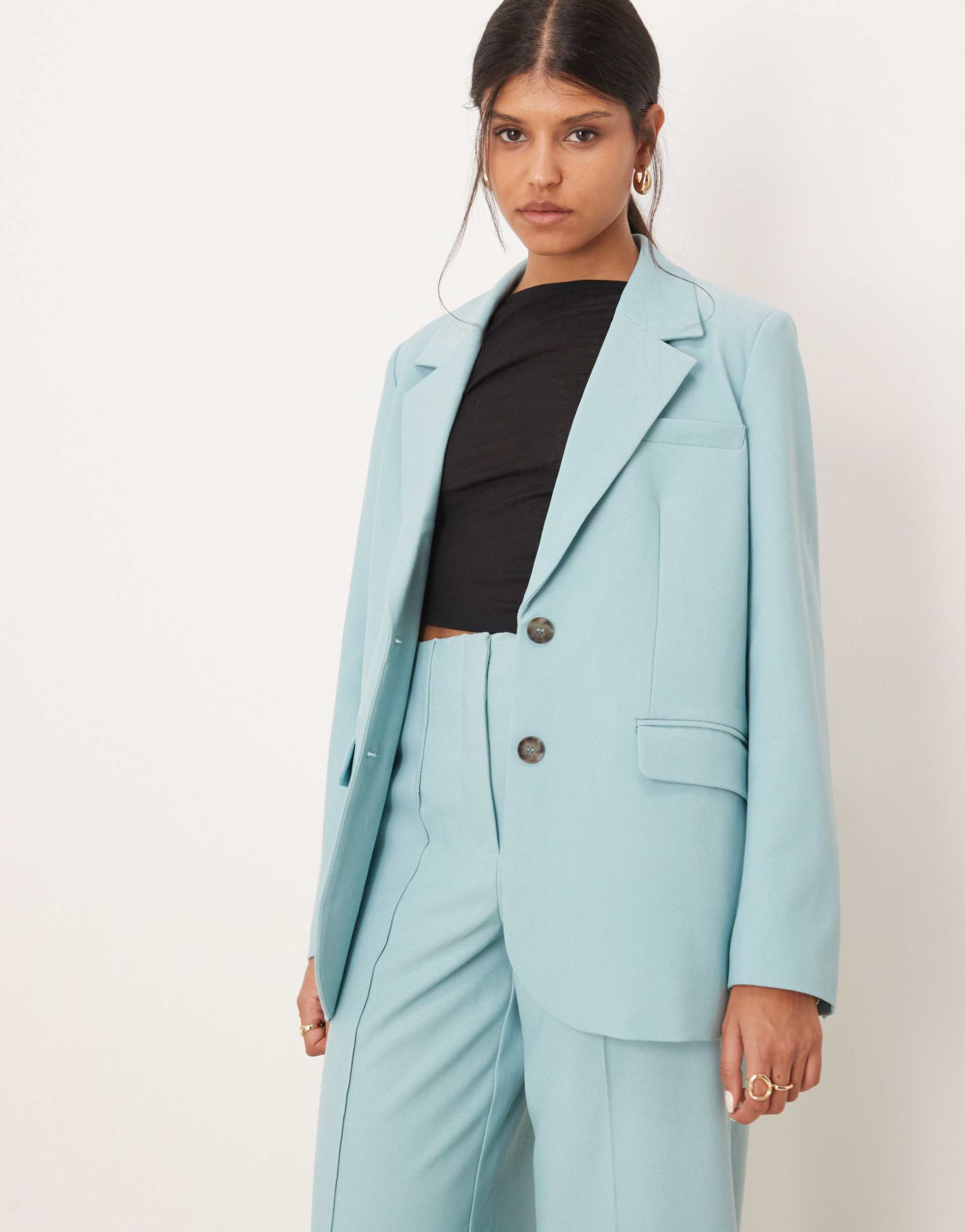 yas oversized blazer with tortoise shell button detail in teal blue - part of a set