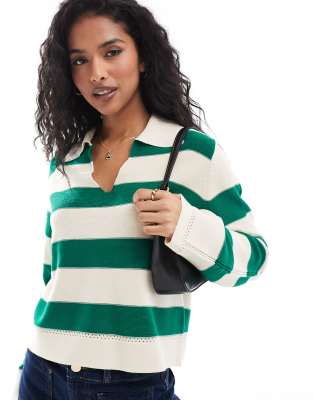 oversized collar knitted top in birch and green stripe-White