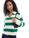 [YAS] YAS oversized collar knitted top in birch and green stripe-White S Birch/Green stripes