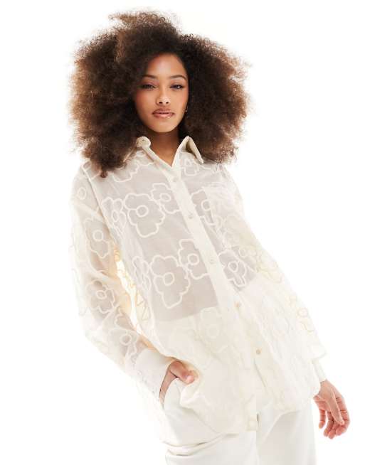 Y.A.S - Oversized overhemd met getextureerd bloemdetail in crème