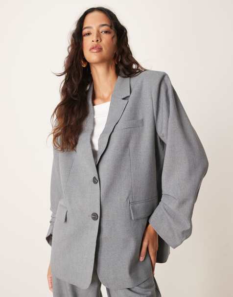 YAS oversized ruched sleeve detail blazer co-ord in medium grey melange