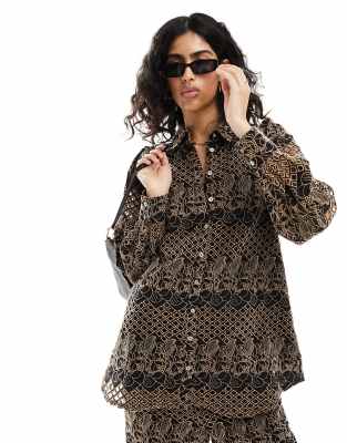 YAS oversized shirt in black and deep beige - part of a set-Multi