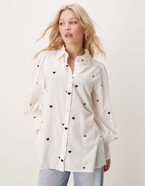 YAS oversized shirt with heart embroidery and ruffle trim detail in white - view 1