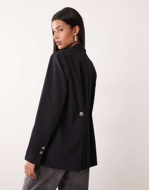 YAS oversized tortoise button tailored blazer in black, 4 of 4