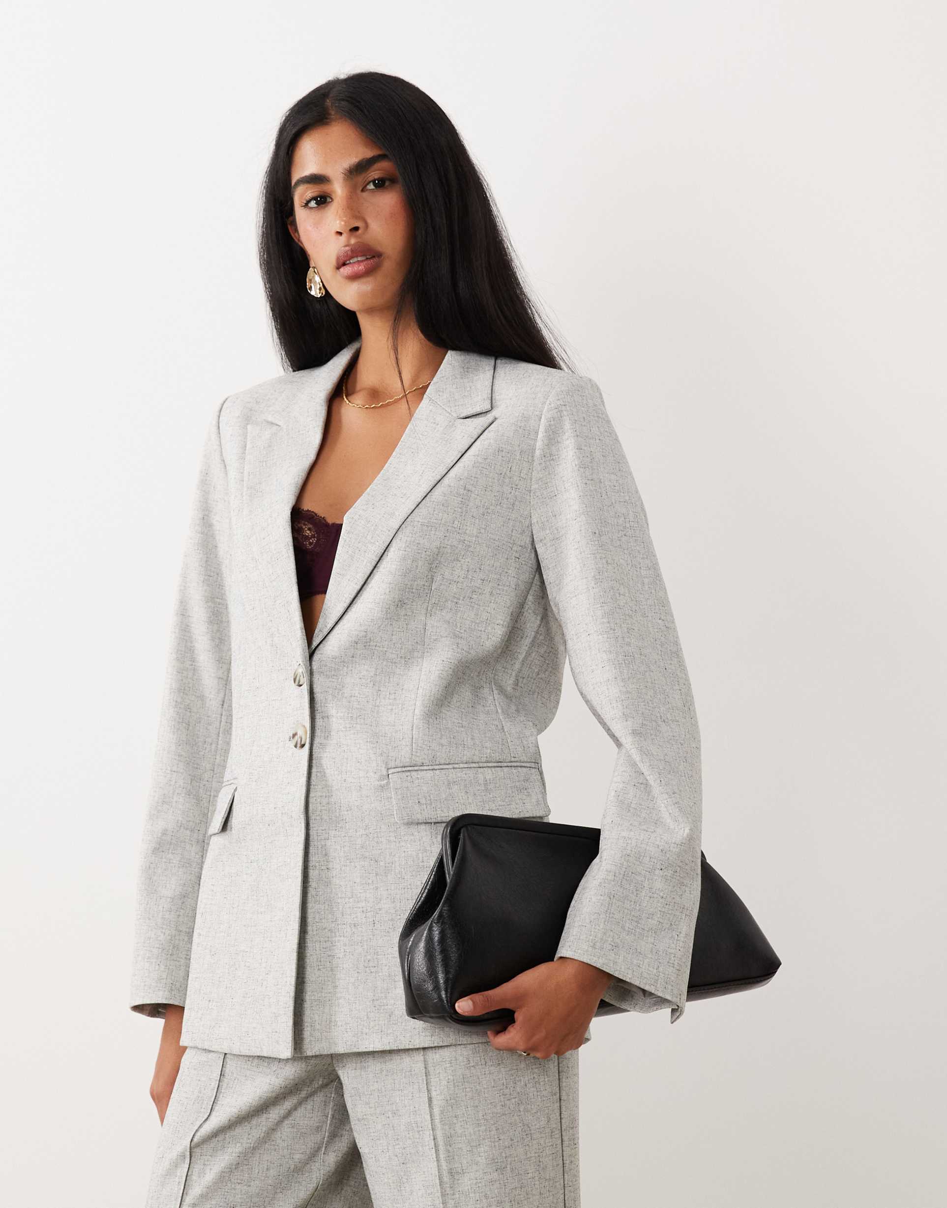 yas oversized tortoise button tailored blazer in light gray melange - part of a set