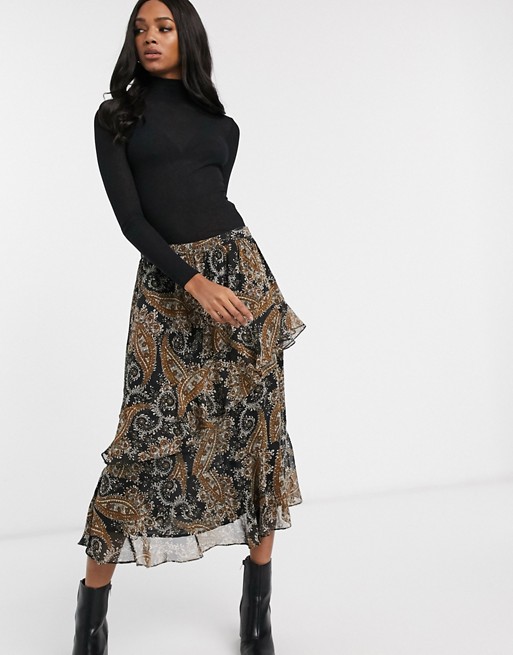 Y.A.S paisley midi skirt with ruffle detail