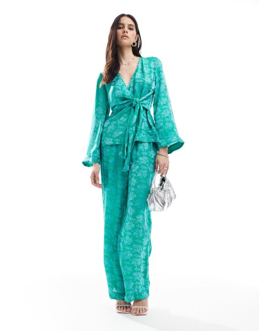 YAS - Pantalon d'ensemble ample en satin avec motif fleuri en jacquard - Sarcelle