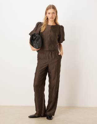 Pantalon d'ensemble texturé de qualité supérieure à taille haute - Marron chocolat-Brown 40