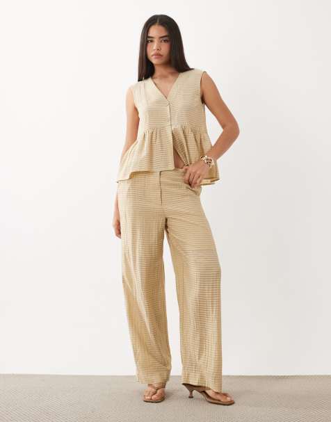 YAS - Pantalon large d'ensemble texturé à carreaux - Beige - view 1