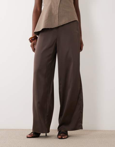 YAS pantalon large en satin marron chocolat - view 1