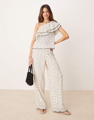 YAS - Pantaloni a fondo ampio color crema a pois neri in coordinato