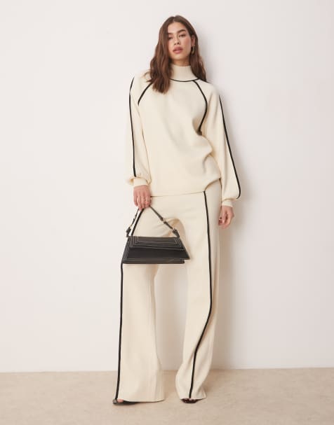 YAS - Pantaloni a vita alta in maglia crema con cucitura a contrasto nera in coordinato - view 1