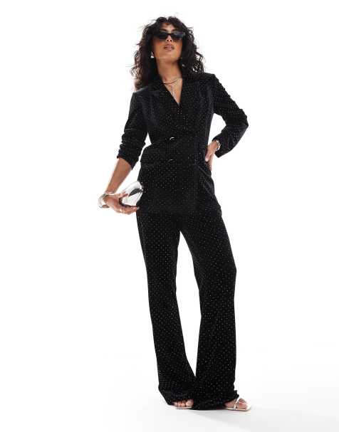 YAS - Pantaloni a vita alta neri in velluto con strass in coordinato - view 1