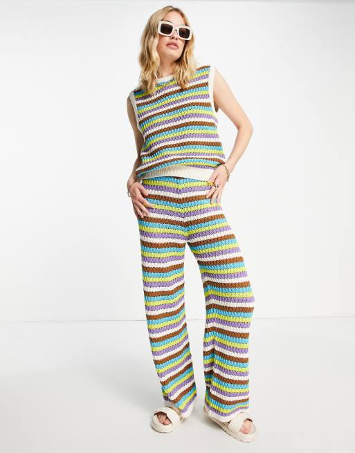Y.A.S - Pantaloni all'uncinetto a righe multicolore in coordinato