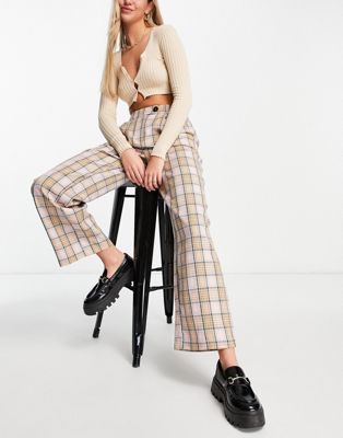 Y.A.S checked wide leg pants in stone (part of a set)  - ASOS Price Checker